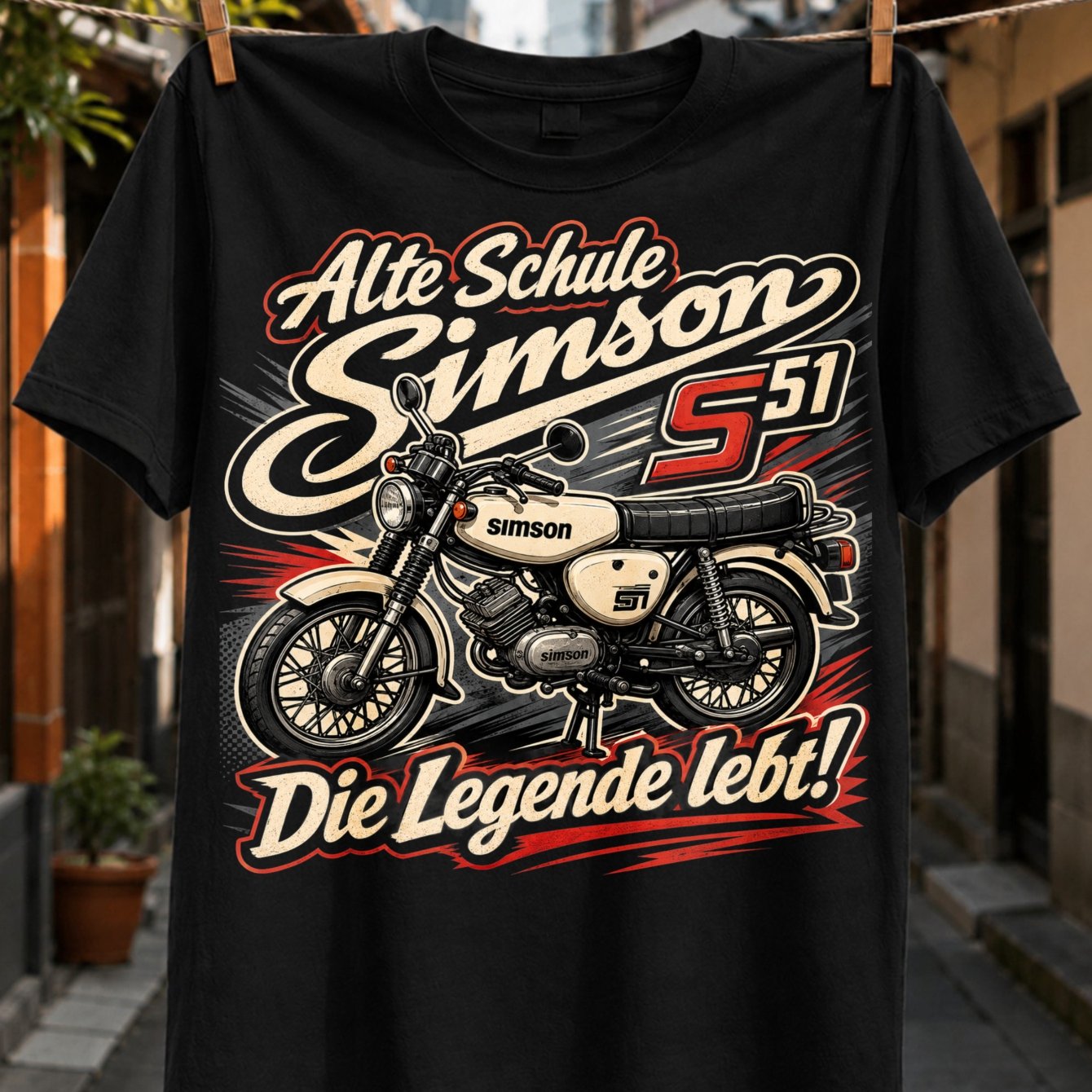 Image of Vintage School S51 The Legend Lives Cream Vintage Motorcycle Illustration With Nostalgic German Lettering Printed Design Unisex All T-shirt