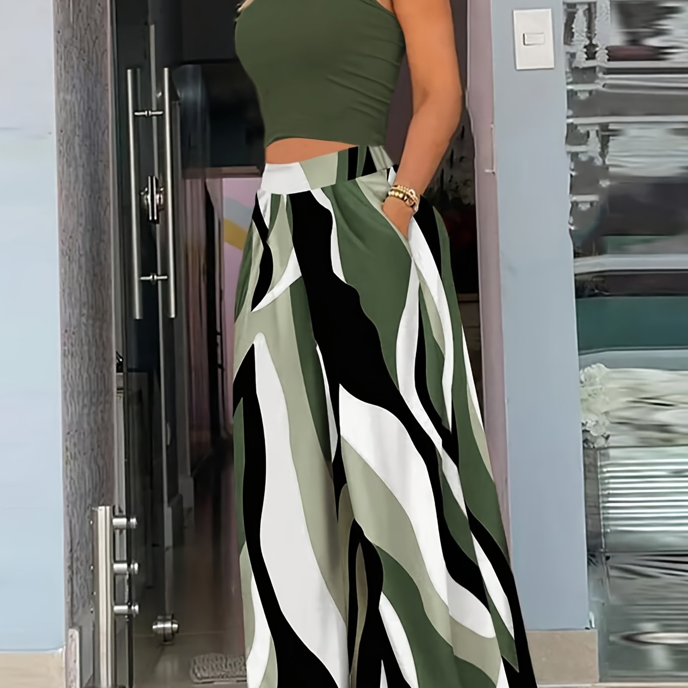 Image of 2025 New Arrival, Spring/summer Women's Fashion Casual Mock Neck Wavy Top And Wide-leg Pants 2pcs Set