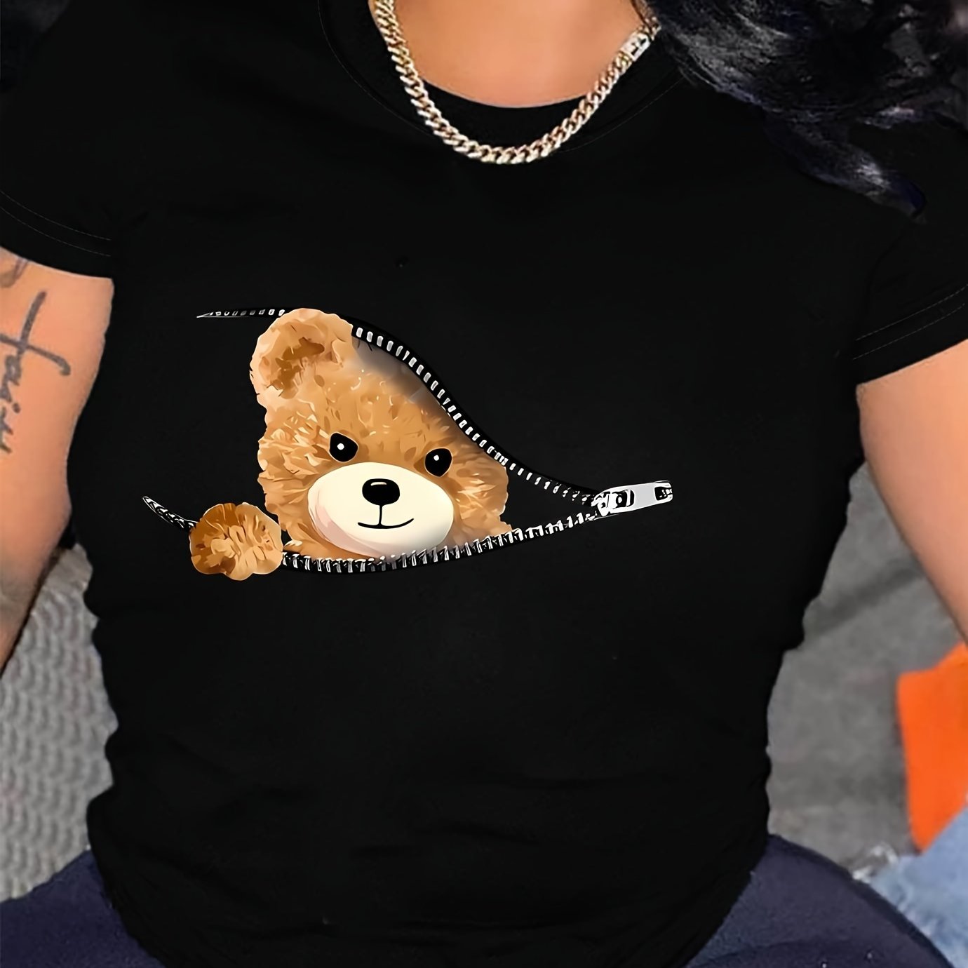 Image of T-shirt For Women; Cute Cartoon Bear Zipper Pattern Printed T-shirt - Loose Casual Round Neck Short Sleeve Top For