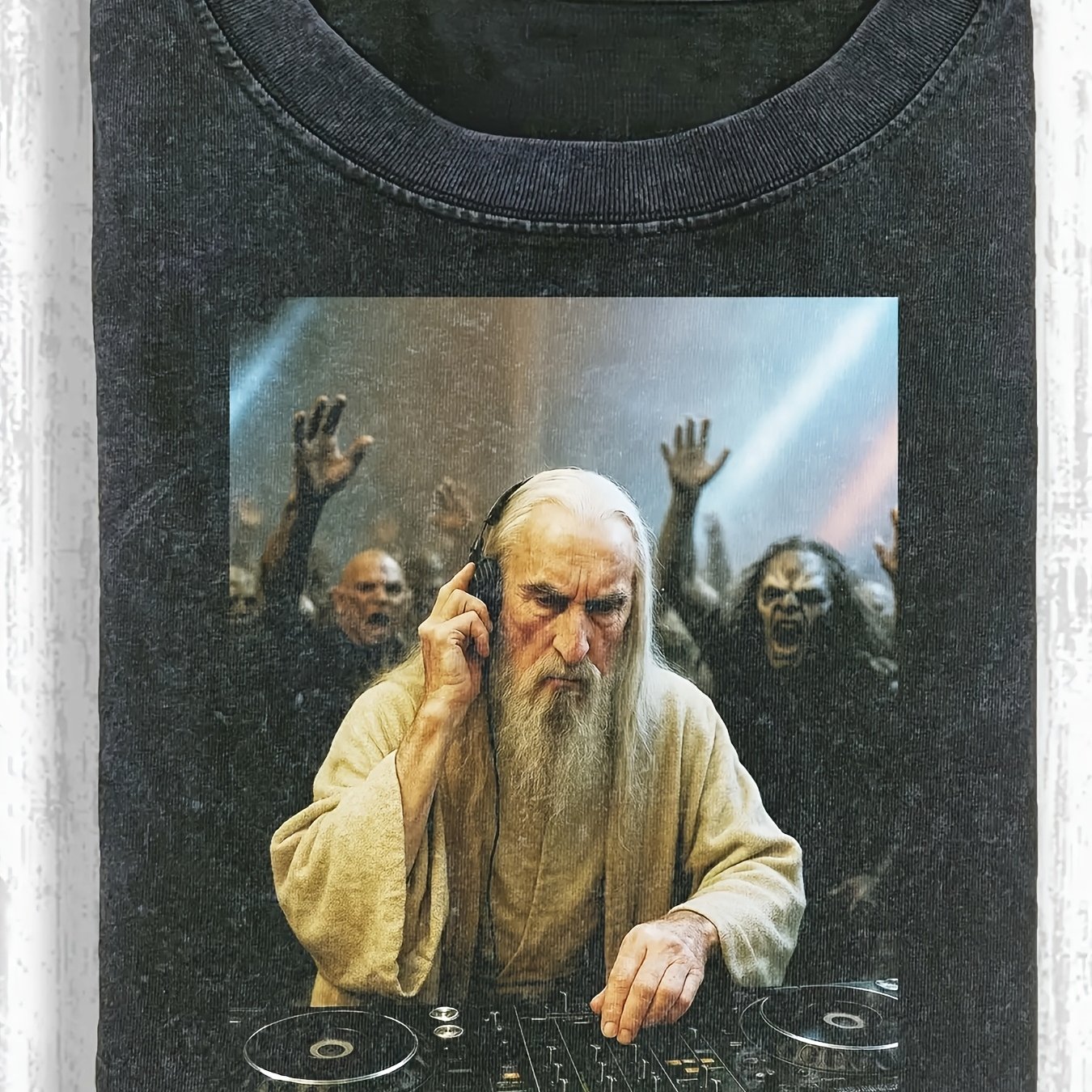 Image of Dj Saruman Rave Night Washed Men's T-shirt, 230g Pure Cotton, Men's Summer Clothing, Vintage Distressed Style, Men's Gift, Casual Outing And Vacation
