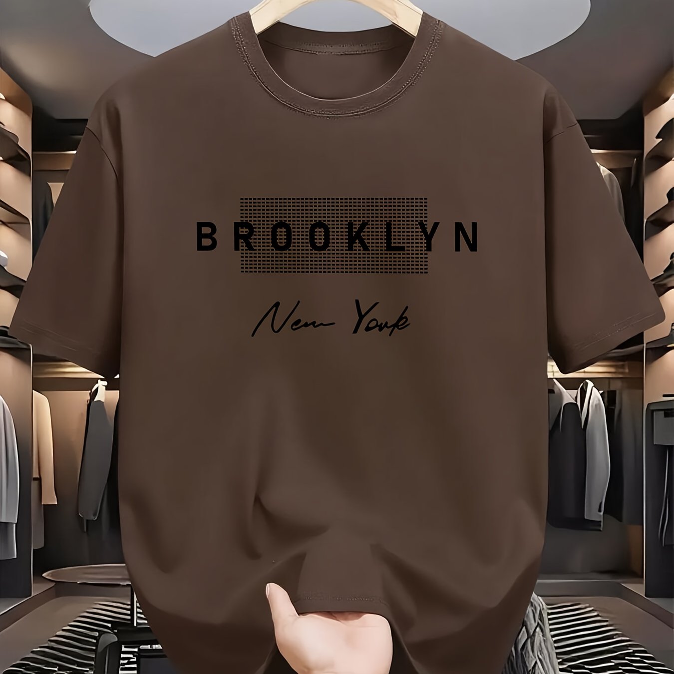 TEMU Brooklyn Men's Letter Print Crew Neck T-shirt, Summer Outdoor Sports Tee, Polyester Fabric, Round Neck Short Sleeve, Loose Fit Casual Versatile
