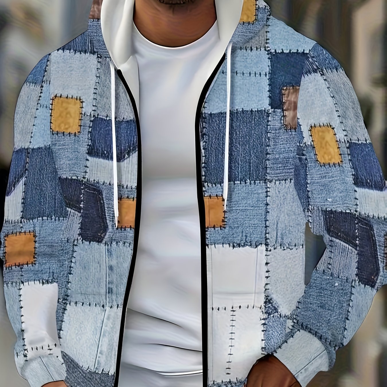 TEMU Plus Size Printed Hoodie With Zipper - Pattern, Medium Stretch Fabric Machine Washable For Fitness Running Autumn Winter Outdoor Casual Color