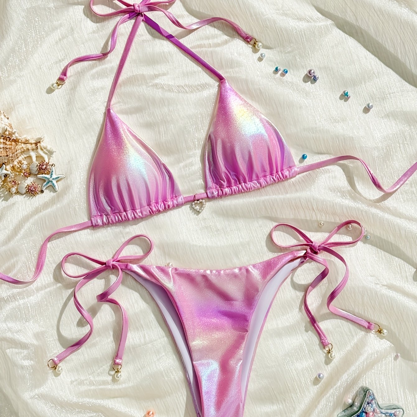 TEMU Triangle Halter Bikini Set, V-neck Back Tie Side Back High Cut Two-piece Swimsuit, Women's Swimwear