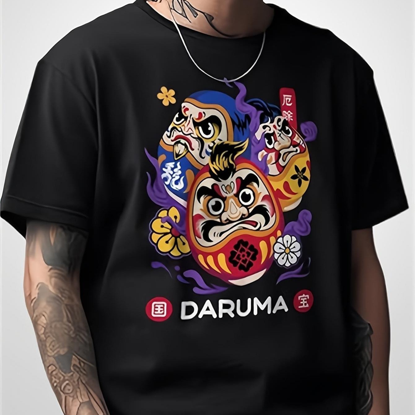 Men's Japanese Daruma Charm T-shirt - 180g Heavyweight Cotton Tee With Daruma Graphic Print, Japanese Daruma Good Luck Token Design, Relaxed Fit Breathable Casual Streetwear For Japanese , Parties