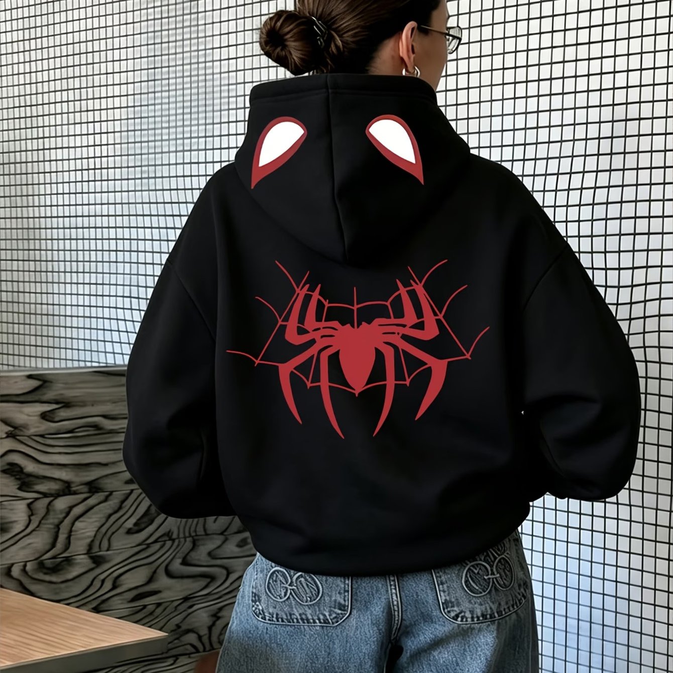 TEMU 1pc Loose Hooded Sweatshirt, Fashionable Versatile Spider Web Pattern Double Print Hooded Sweatshirt, Autumn And Winter, Women's Clothing