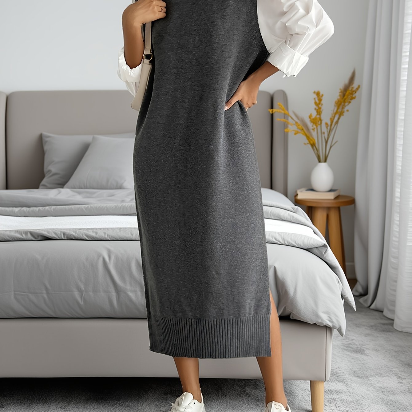 TEMU Grande Taille - Grande Taille - Grande Taille Robe Pull Élégante Décontractée Manches Col Rond Fente Latérale