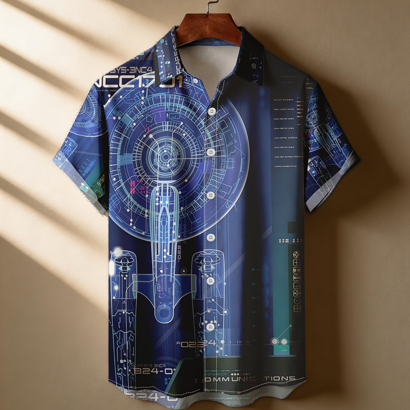 TEMU [print Design-not Textured] Spaceship Blueprint Pattern Print Men's Shirt, Casual Wear, Tech Enthusiast Birthday Special Occasion Gift