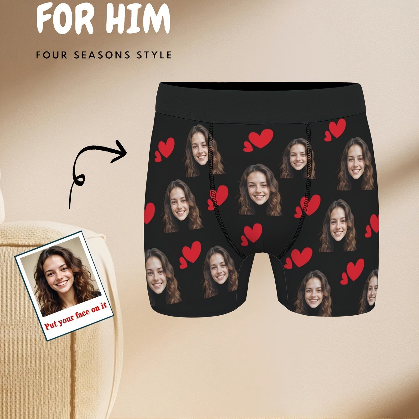 TEMU Men's Diy Custom Photo Underwear With Personalized Face Replacement - Suitable For Gifts, Novelty Face Mask Parody, Quick-dry Breathable Fabric,