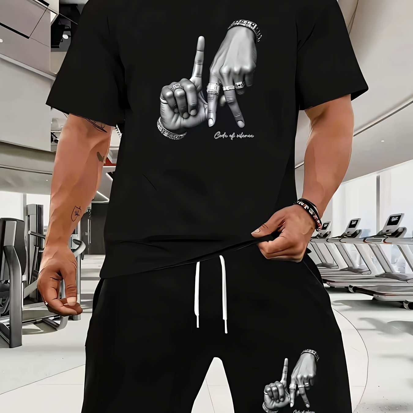 TEMU Gesture And Code Print Men's Short Sleeve T-shirt And Drawstring Shorts 2pcs Casual Sportswear Set, Suitable For Spring/summer