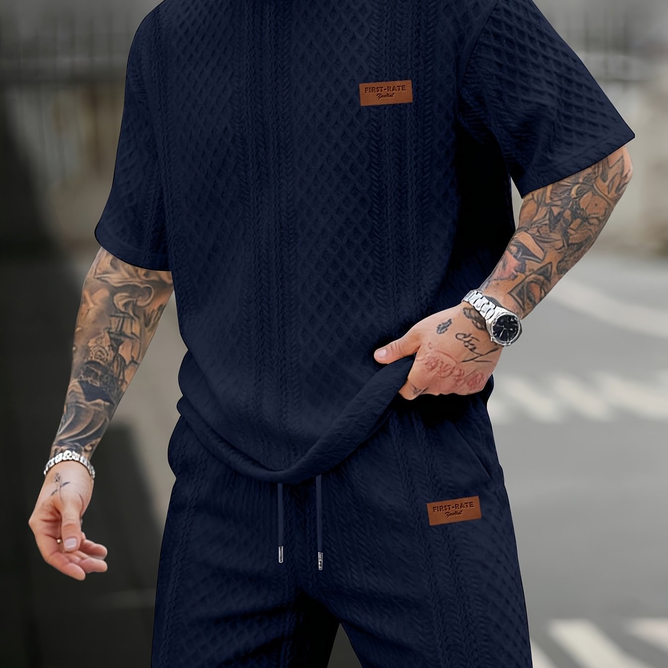 TEMU Men's New Textured Fabric Crew Neck T-shirt   Drawstring Shorts Set