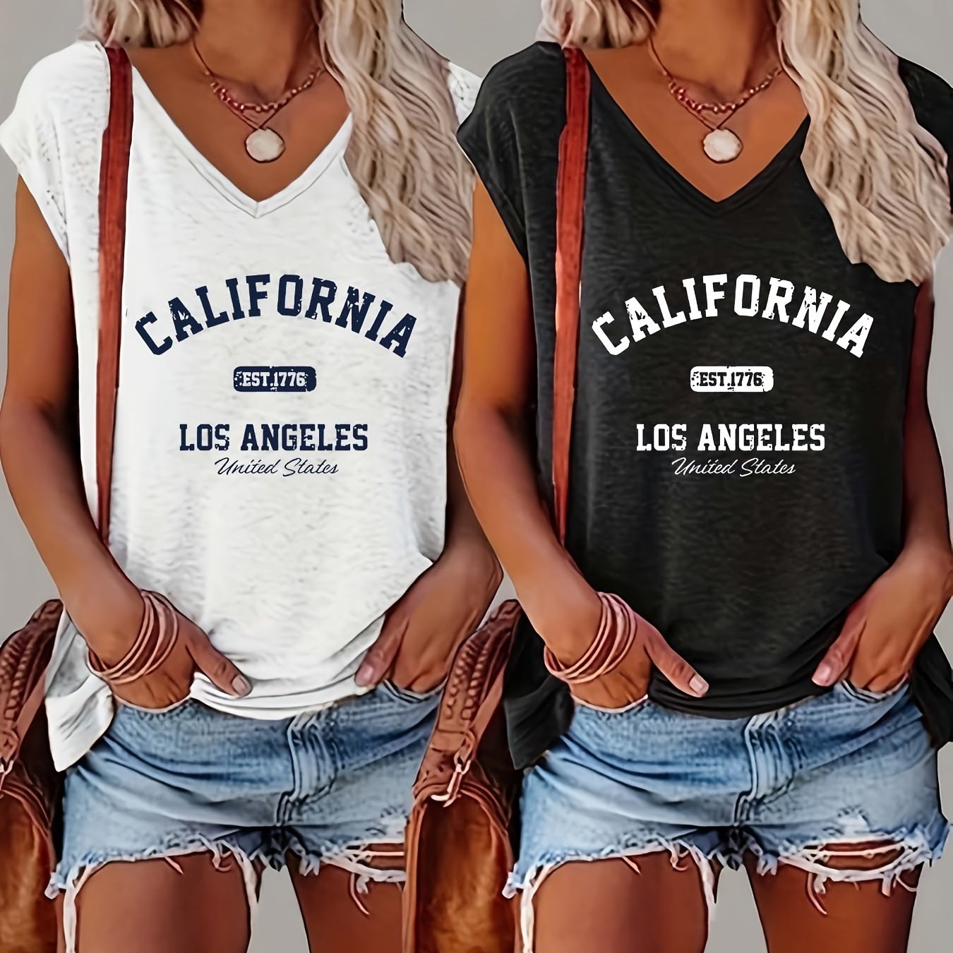 E-shop 2 Stück Frühling/Sommer Neuer Buchstaben-Druck V-Ausschnitt Lockere Casual Top – Bequem und Stilvoll für Freizeit & Zuhause, Sommermode,