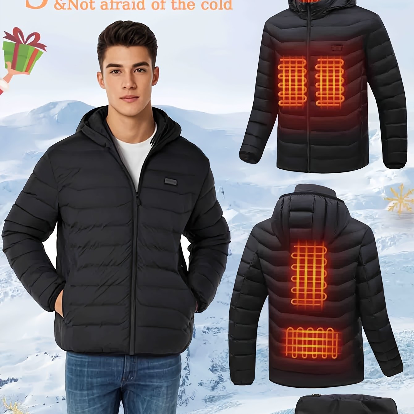 TEMU Warm Heated Jacket For Men - Long Sleeved, 3-level Usb Electric Heating, 5big Zone , Outdoor Camping, Hiking, Skiing, And Cold Weather Activities - With Battery Pack