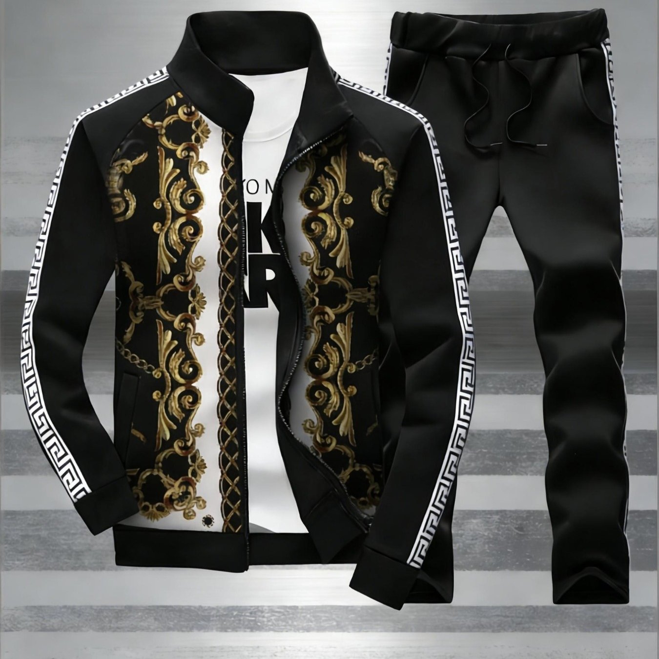 Image of 2pcs Baroque Print Zip-up Sports Jacket And Jogger Pants Set- With Golden Floral Pattern, Style, Unisex Sportswear, Perfect Gift For Any Occasion., Perfect For Outdoor, For Teenager