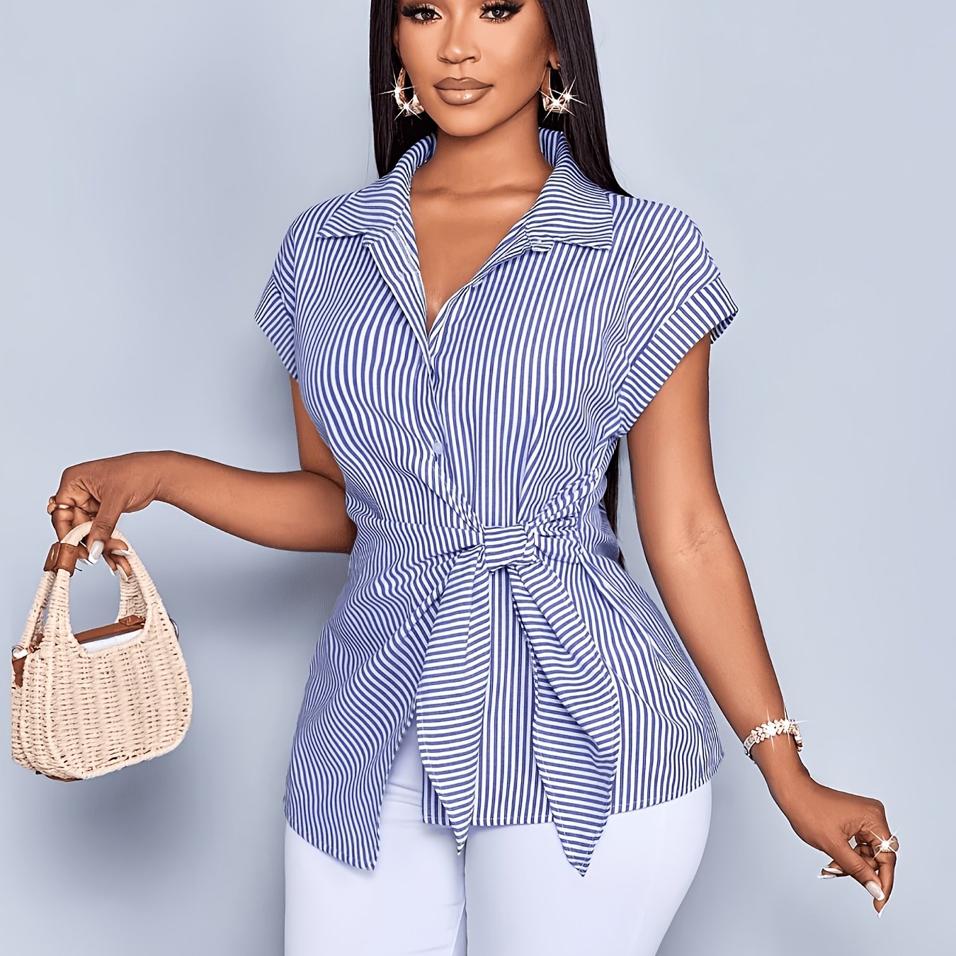 TEMU Elegant Striped Shirt: Women's Striped Print Button-up Shirt, Casual And Elegant Striped Print Tie-front Shirt