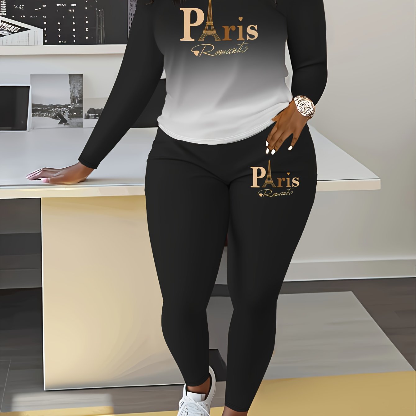 Gradient Paris Letter Autumn And Winter Long Sleeve Round Neck Women'-piece Outfit