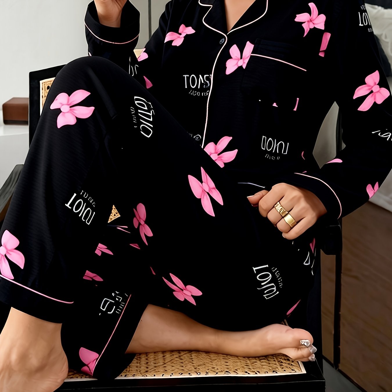 E-shop 2er-Set Damen Schlafanzug mit Schleifenmuster und | Lässige Langarm- und Hose, leicht, bequeme Homewear für jede Jahreszeit