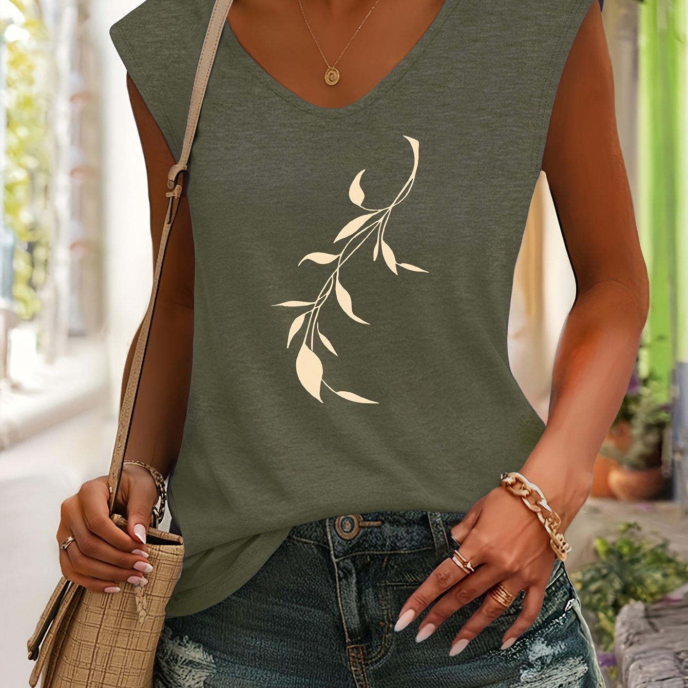 TEMU Soft Fresh Plant Flowing Branch Silhouette Pattern Print V-neck Sleeveless T-shirt, Comfortable And Fabric, Layered Wear Casual Matching,