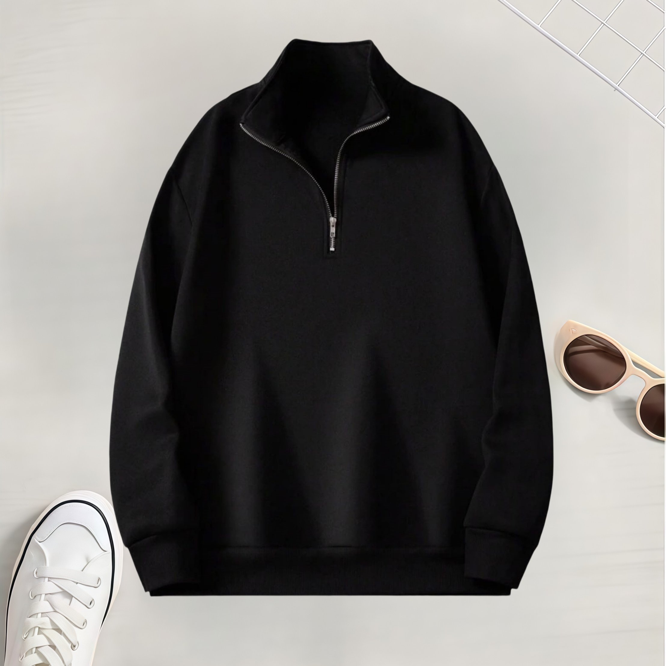 TEMU Easy Small Collar Half-zipper Sweatshirt Long Sleeve Pullover Sweater Autumn Winter Solid Color Thickened Comfortable Casual Top