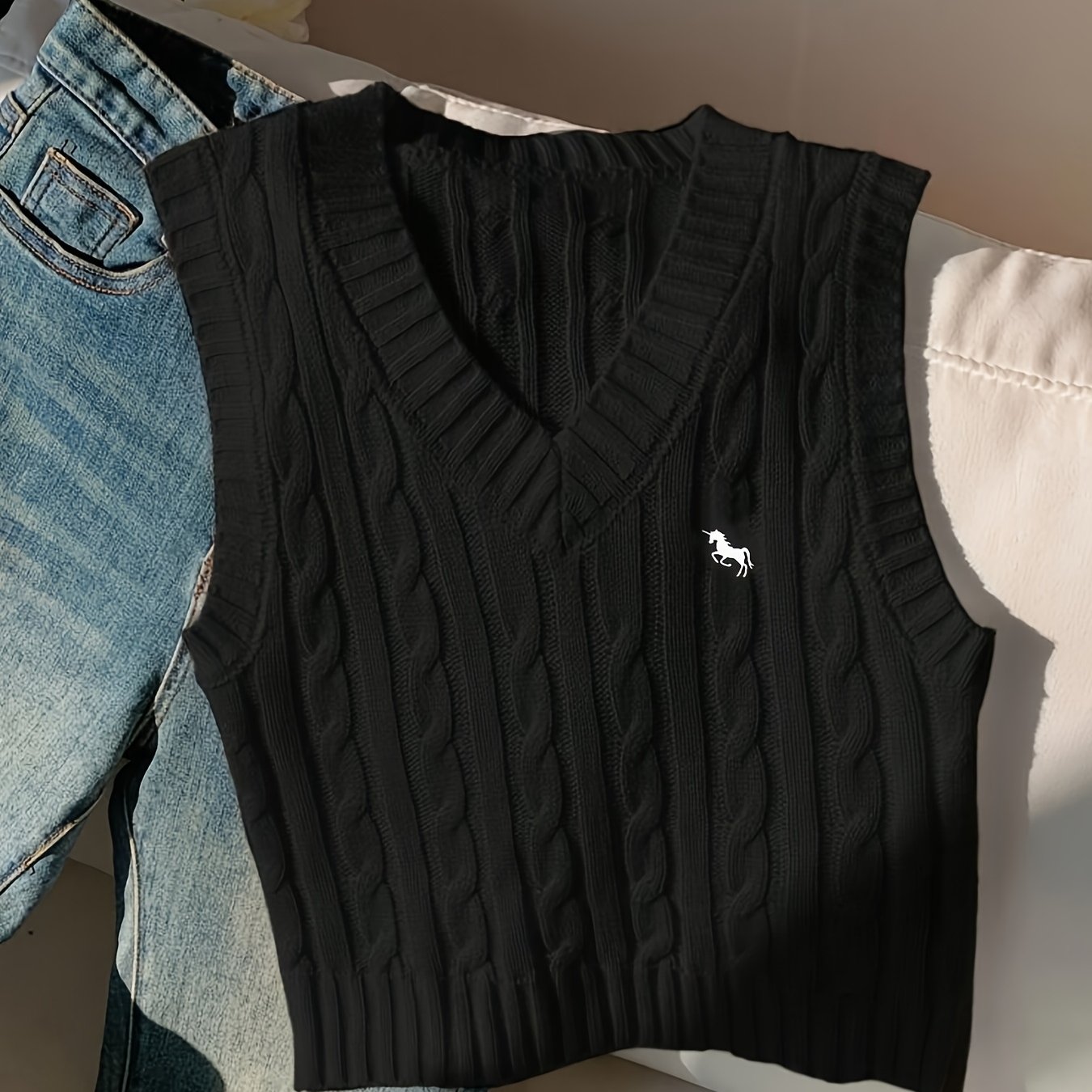 TEMU BK260108004 Chaleco Casual Estilo Universitario con Cuello en V y Bordado con