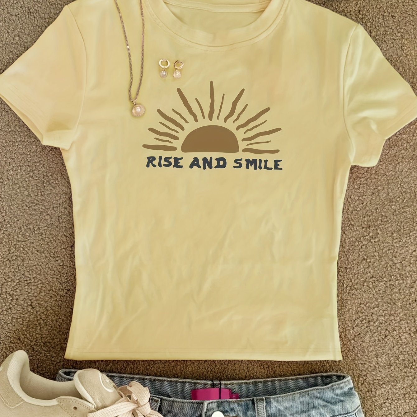 TEMU Haut moulant pour femme 00008, Tendance mode avec imprimé Lever de soleil, T-shirt d'été pur style coréen Y2K à col ras du cou et manches