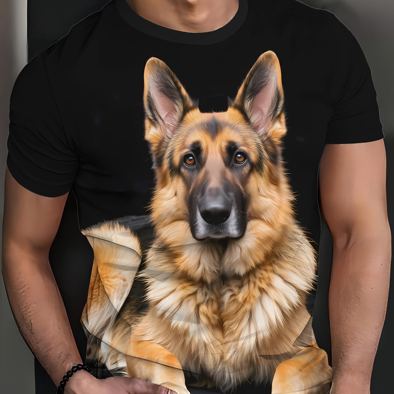 TEMU Men's German Shepherd Print T-shirt - Short Sleeve Crew Neck With , Breathable Fabric Suitable For Daily Wear, Machine Washable Casual Top For