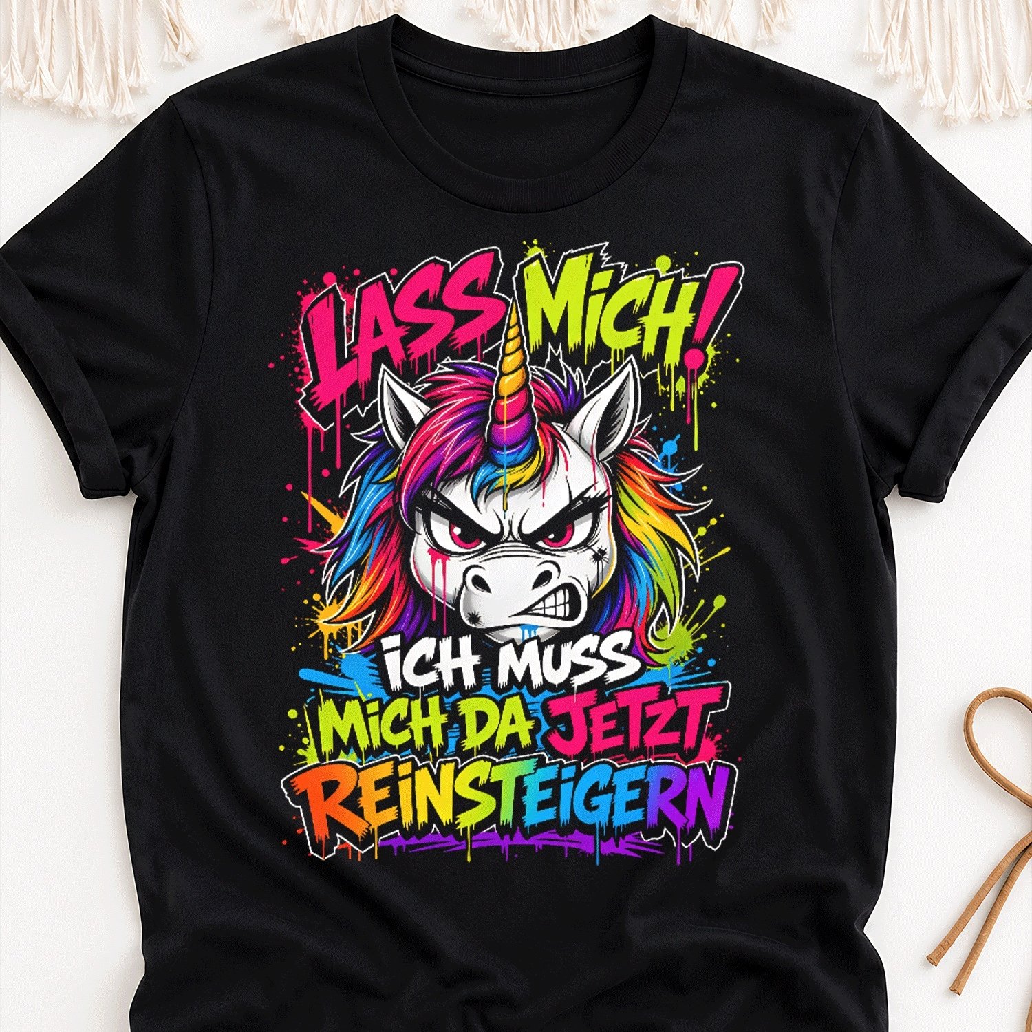 Plus Size, Graffiti Style Angry Unicorn German Print Y2k Oversized Unisex T-shirt For Men Women Retro 2000s Streetwear Loose Graphic T-shirt
