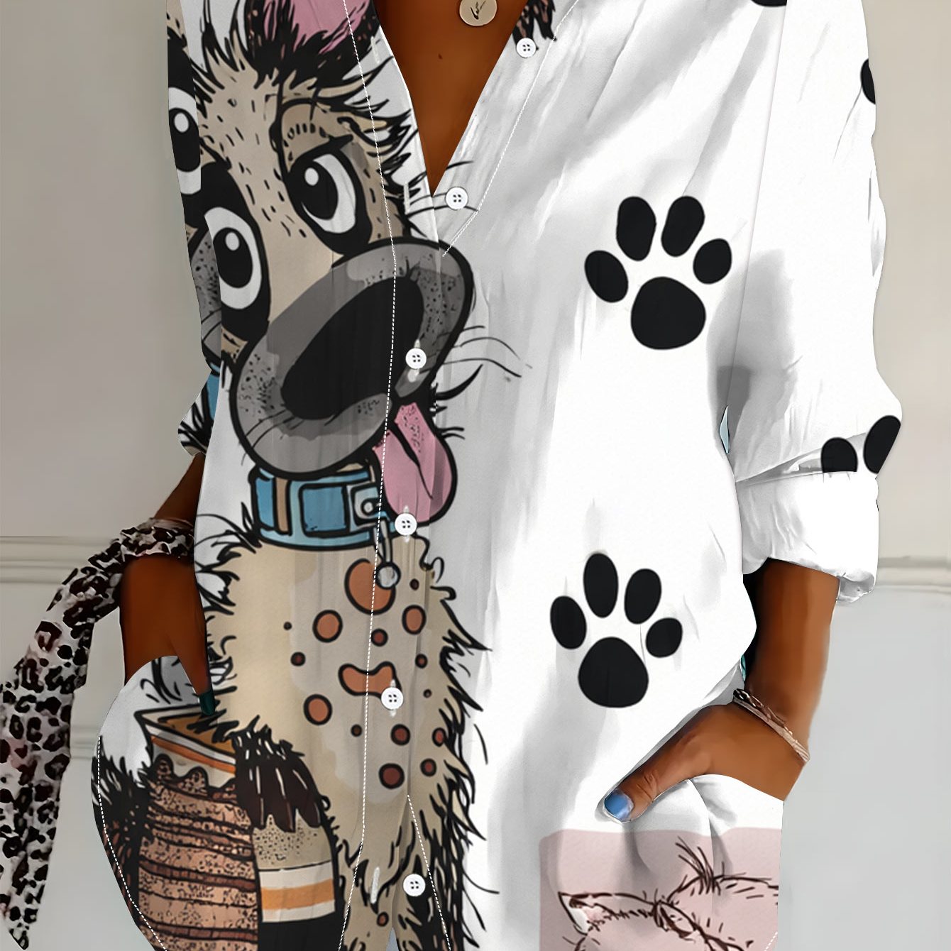 TEMU Plus Size Women's Long Sleeve Shirt, Print Loose Shirt With Cat And Dog Elements, Mid-length Women's Long Sleeve Collared Shirt, Black And White