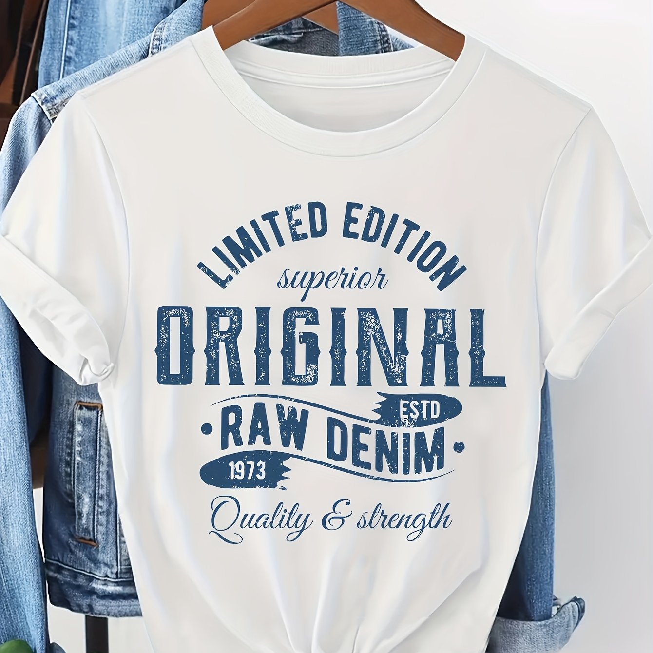 TEMU Plus Size - Plus Size - Edition Denim 1973 Graphic Tees For Curvy - Plus Size Vintage Denim T-shirt For Women With Casual Short Sleeves And