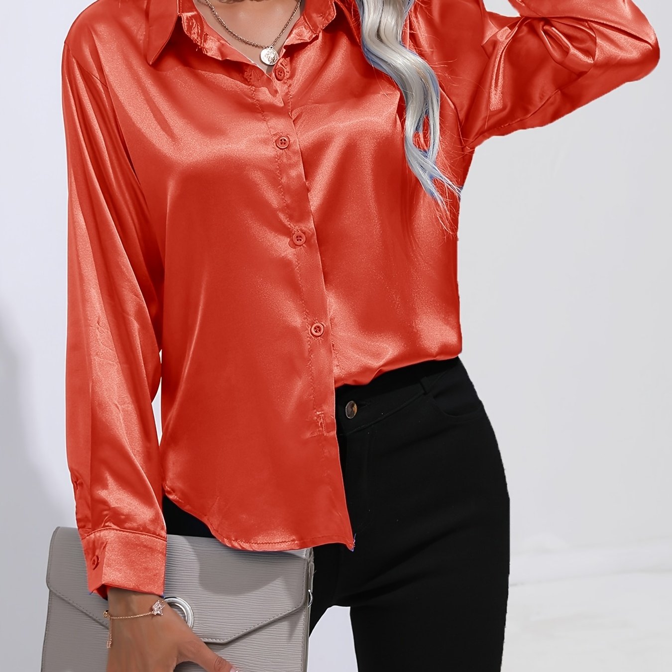 women's purple satin long sleeve button shirt casual lapel