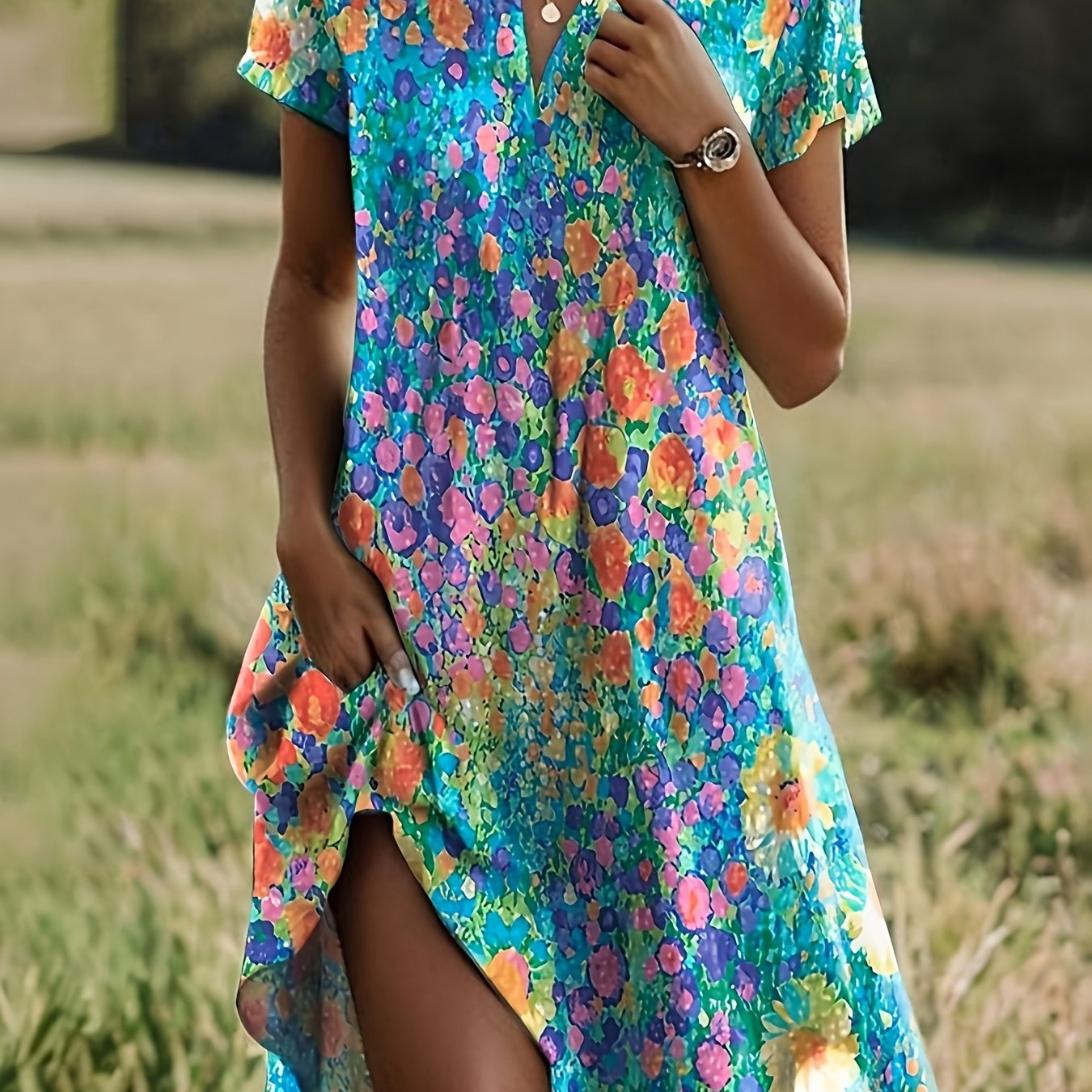 TEMU Women's Ditsy Floral Lapel Long Dress Maxi Dress Short Sleeve Summer