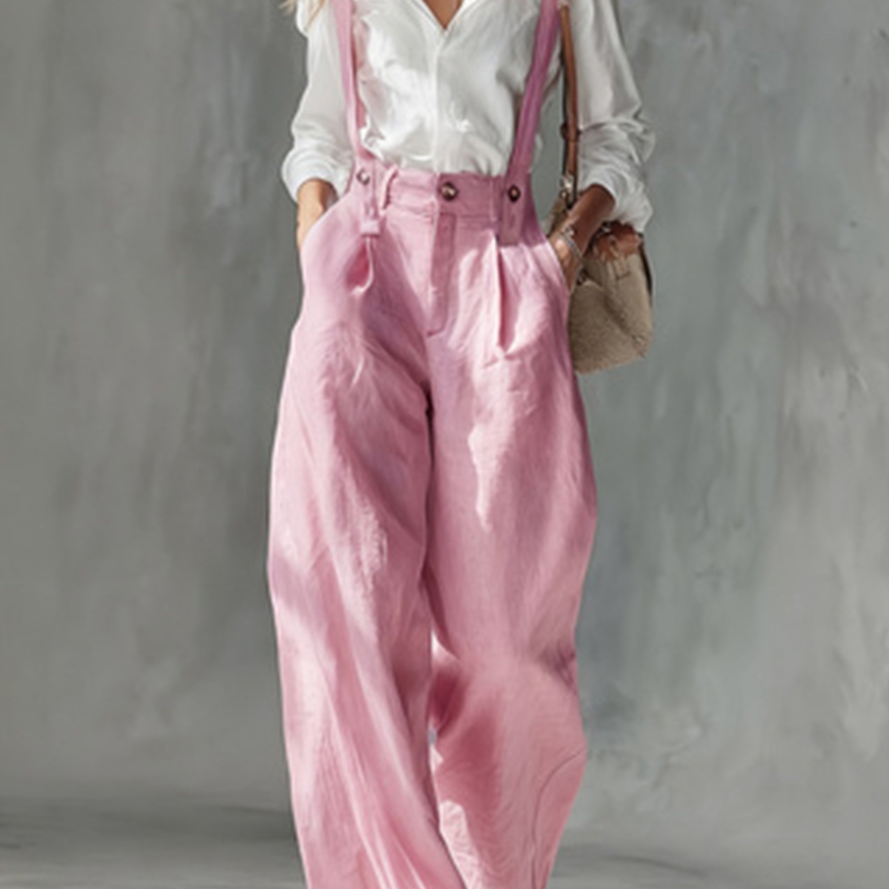TEMU [size For Regular Fit] French Lazy Style Cherry Pink Suspenders Trousers For Women, High-waist Loose Wide-leg Casual Pants With Drape Effect,