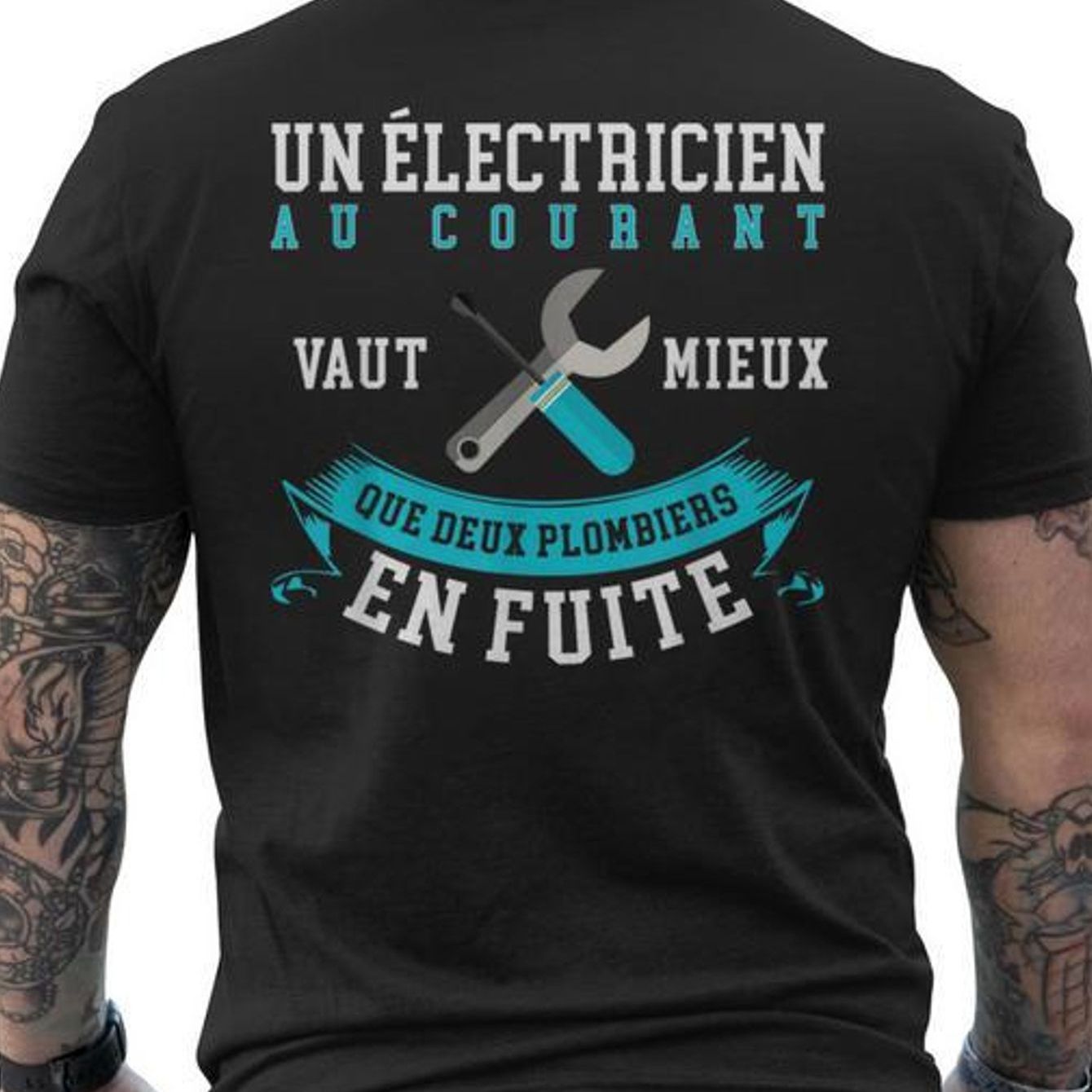 TEMU Chemise Humoristique pour Électriciens et Plombiers - Slogan en Français sur le Dos, Coton Confortable à Col Rond Manches Courtes, Cadeau