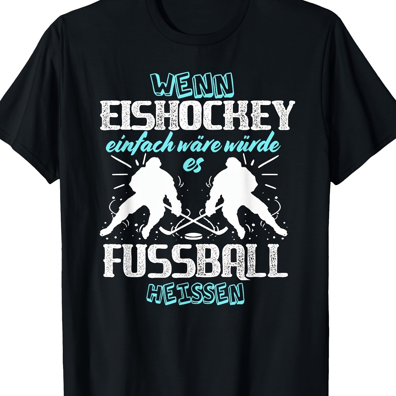 Image of Men's Casual Short Sleeve T-shirt Featuring German Text And A Graphic, In Black With White And Teal Highlights. It Has A Regular Fit Round Neck, Is Machine Washable