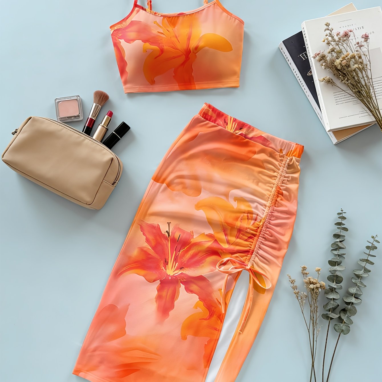TEMU Women's Fashion Two-piece Set Featuring A Casual Floral Print Short Camisole And Bodycon Skirt
