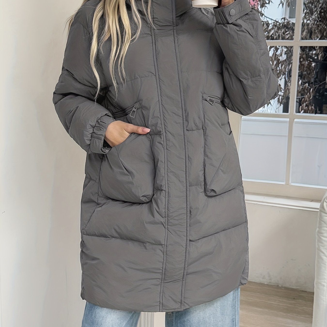 TEMU New Mid-length Stand Collar Down Jacket For Women, Versatile And Warm Winter Coat