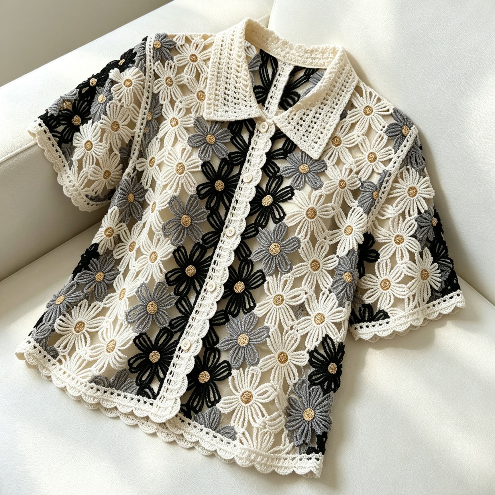 TEMU Women's Daisy Crochet Short-sleeve Cardigan, French Retro, Pastoral Vacation, Light Gentle Style