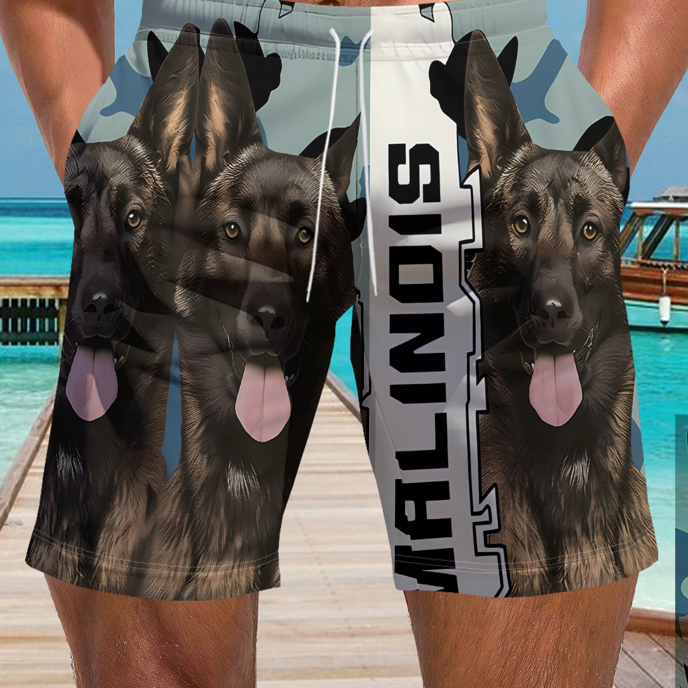 TEMU Men's Shorts, Printed With Malinois Dog, Side With "malinois" Lettering, Suitable For Beach