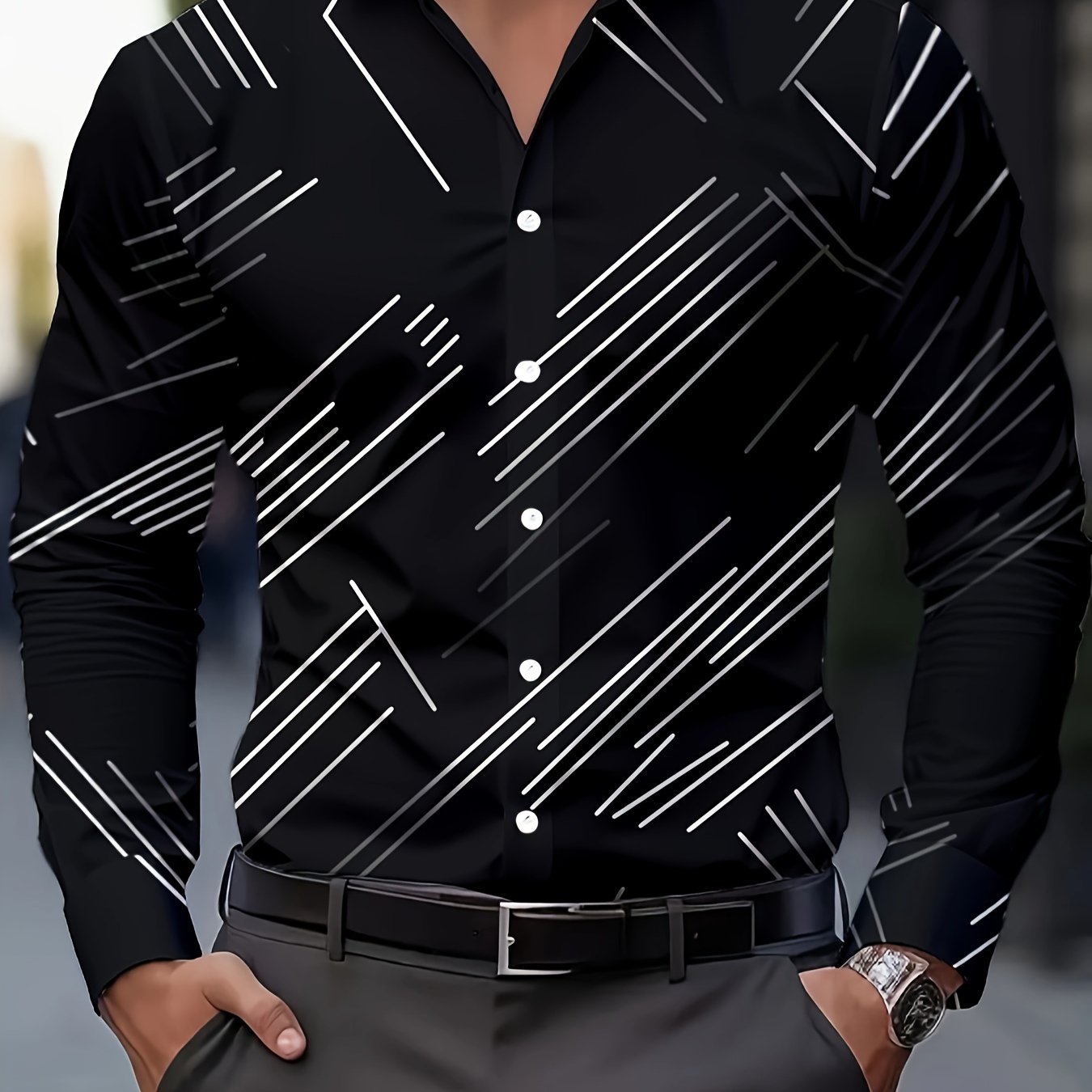 TEMU Men's Fashion Print Shirt, Spring/autumn Casual Breathable Turn- Collar Button-up Long Sleeve Shirt