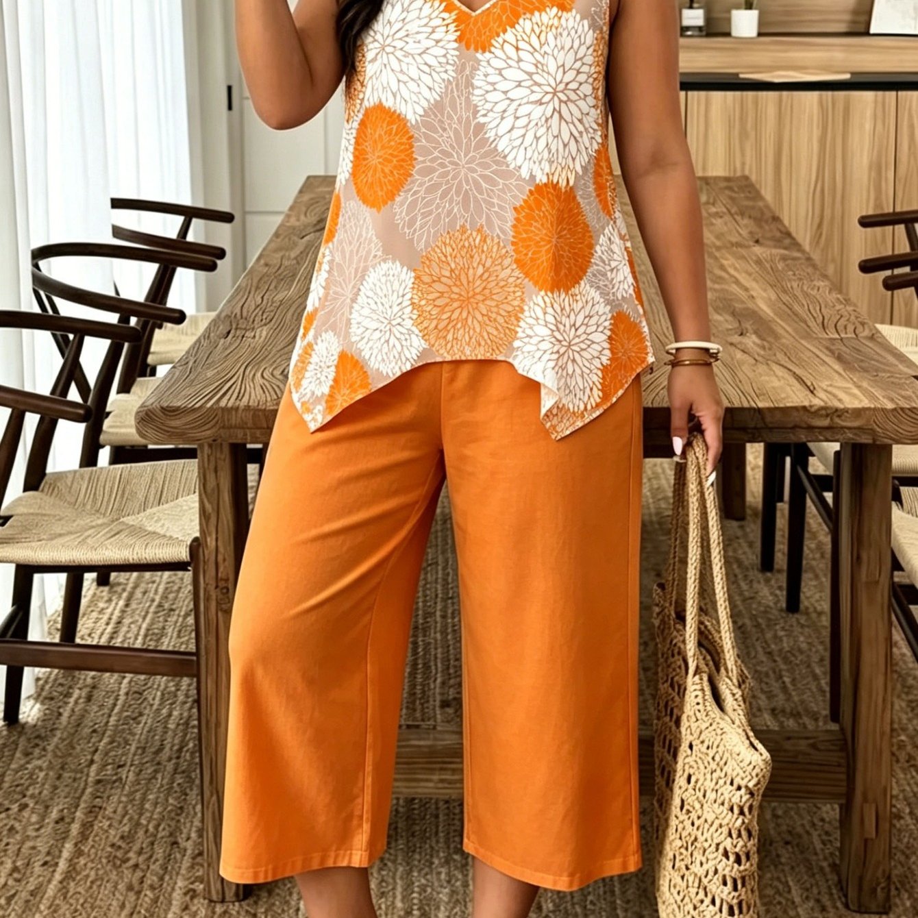 Image of Plus Size - Plus Size - -size Suit Features An Elegant And Fashionable V-neck Design - Floral Prints And Pocket 7-inch Pants. Suitable For And Outdoor Travel And Gatherings
