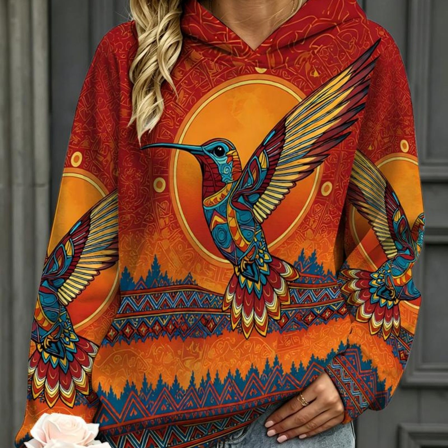TEMU Women's Fashion Hoodie, Mixed Color, Multiple Sizes,, , Tribal Style, Vibrant Colorful Design, Suitable For Daily Wear, Casual Outfits