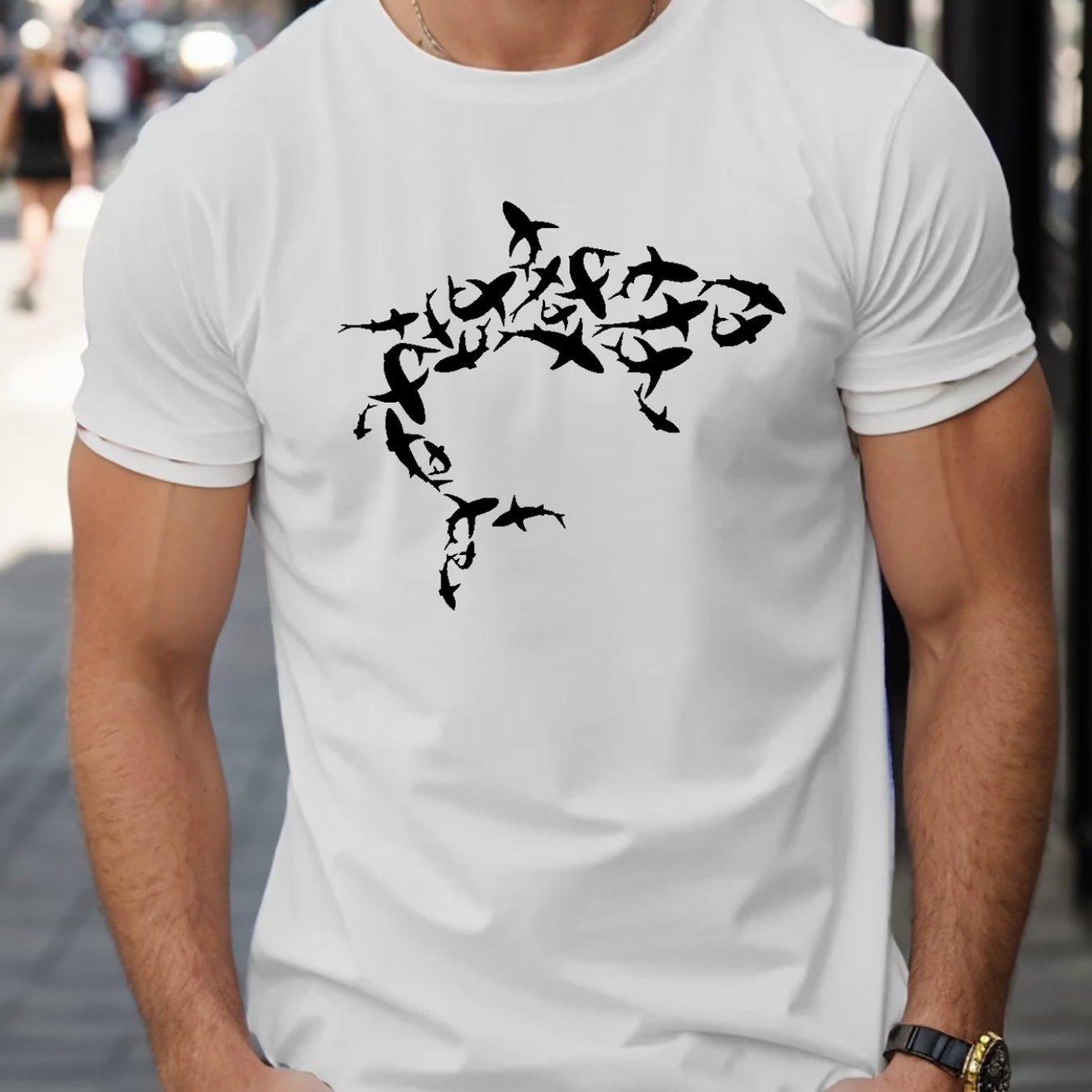TEMU Men's Shark Print Short-sleeve T-shirt - & Shark Teeth, Breathable Round Neck Athletic Top For Gym, Training,, - Machine Washable Suitable For