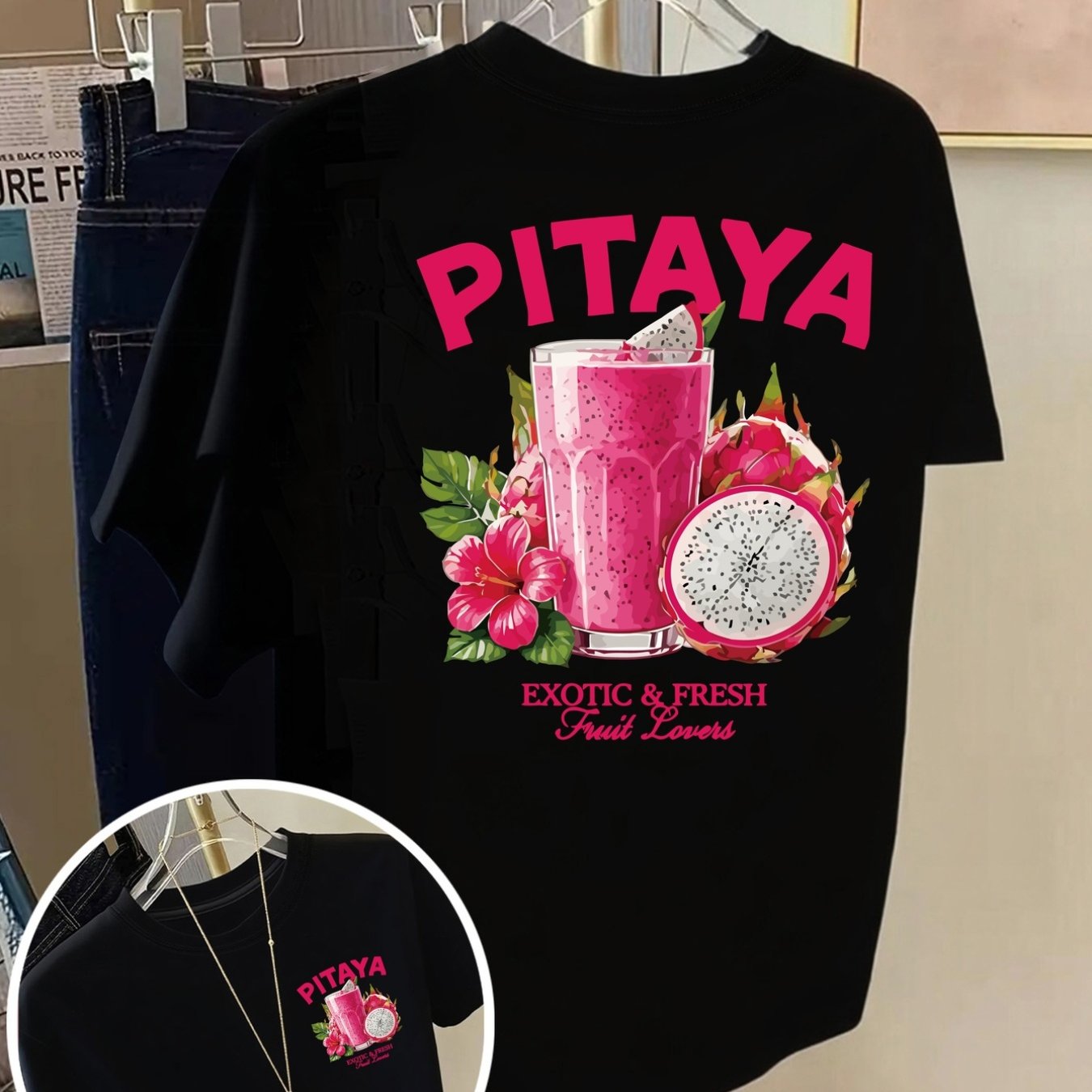 TEMU Women's Casual Short Sleeve T-shirt, Dragon Fruit, Printed Soft Short Sleeve, Front And , Loose Round Neck Top, Machine Washable, Spring/summer