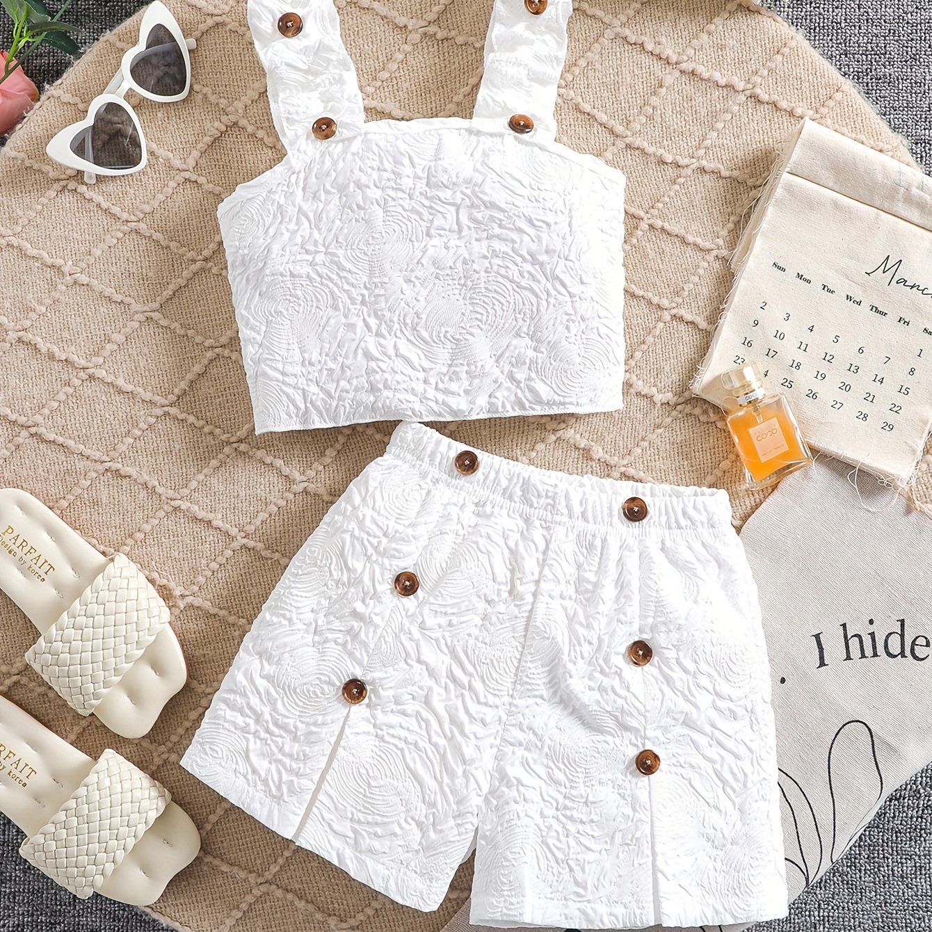 Image of Girls Children Little Girl Fresh Flutter Sleeves Cami Shorts Children Fashion Casual Loose Two-piece Set Girls Short Shorts Set, For Outdoor, Christmas, Halloween