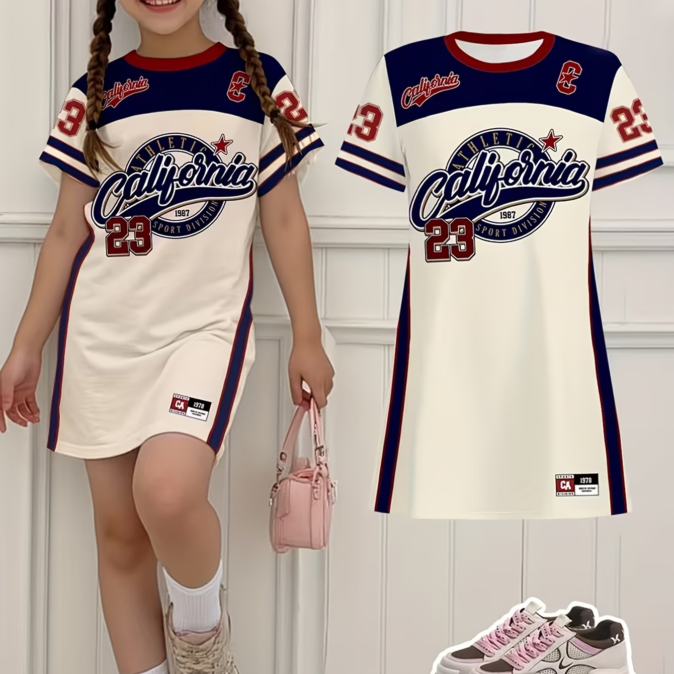 Image of Girls' Casual Dress, Minimalist Short Sleeve Mid-length Dress, Fashion Sporty Style Short Sleeve Dress, Suitable For Summer Daily Wear