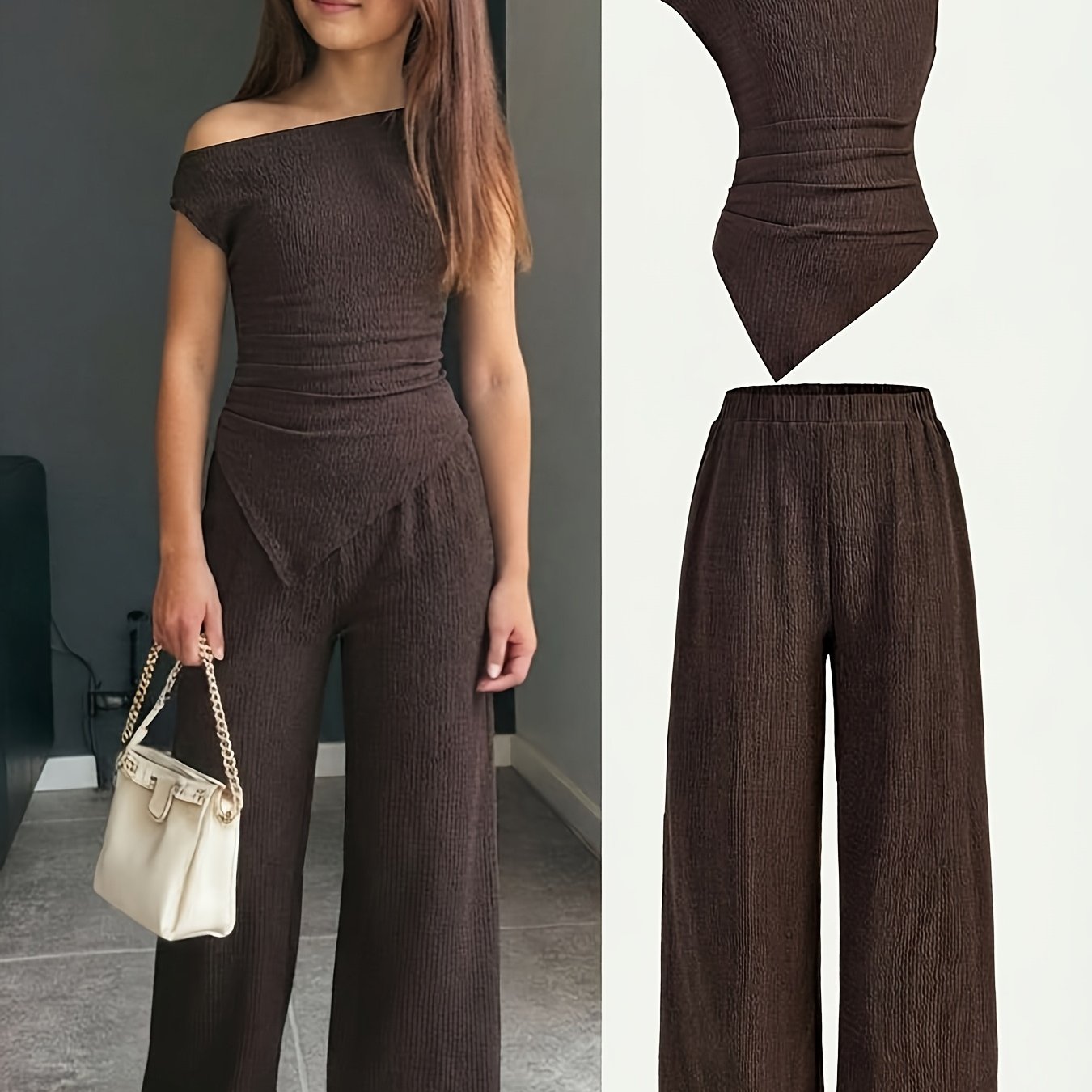 Image of 2pcs Set, Including A Casual Coffee-colored Pleated Off-shoulder Sleeve Knit Top And Flared Pants, Suitable For Home, Outdoor, Travel, Daily Casual Wear, And School Occasions, Perfect For Outdoor