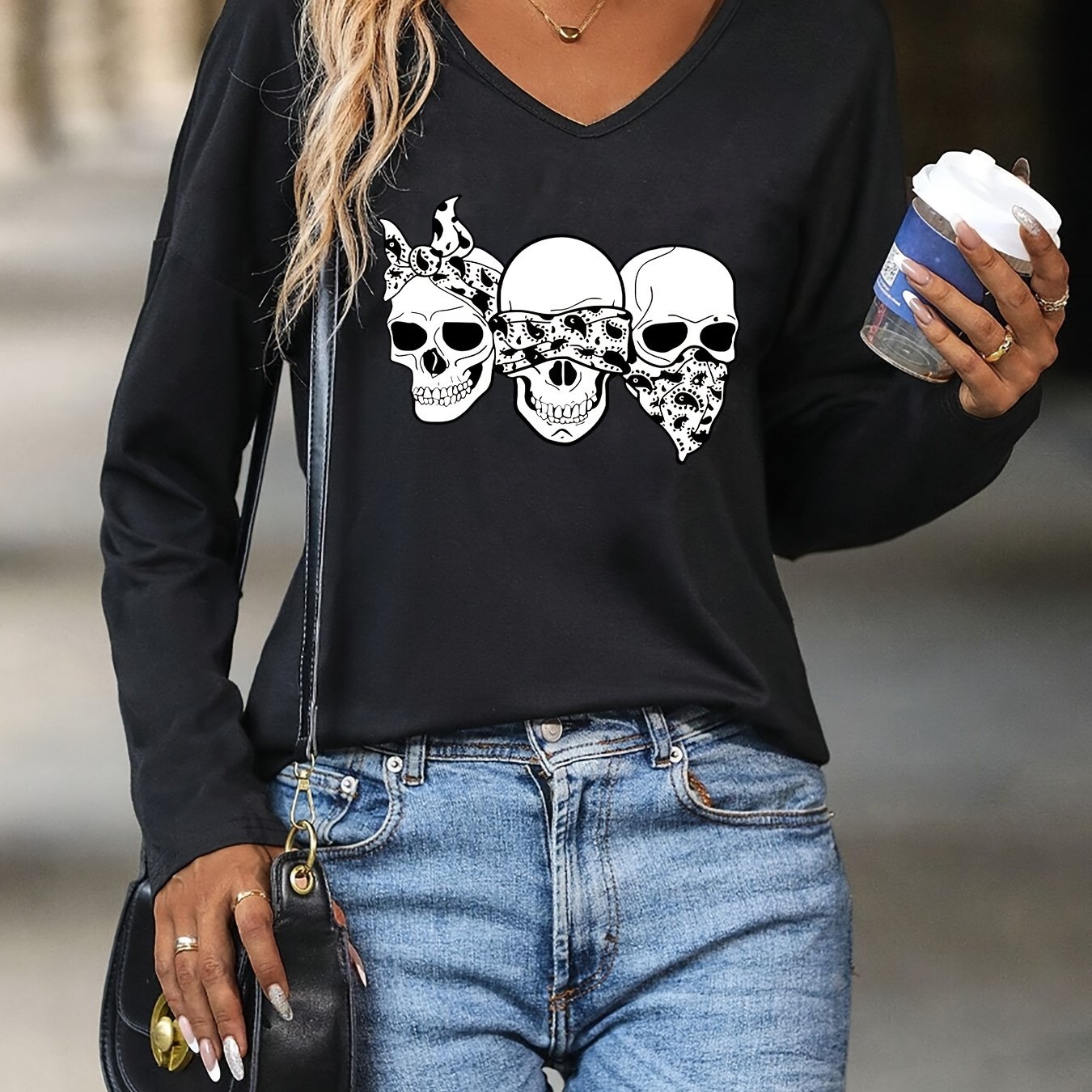 TEMU Masked Skull Print T-shirt, Long Sleeve V-neck Casual Top, Spring And Autumn Women's Wear