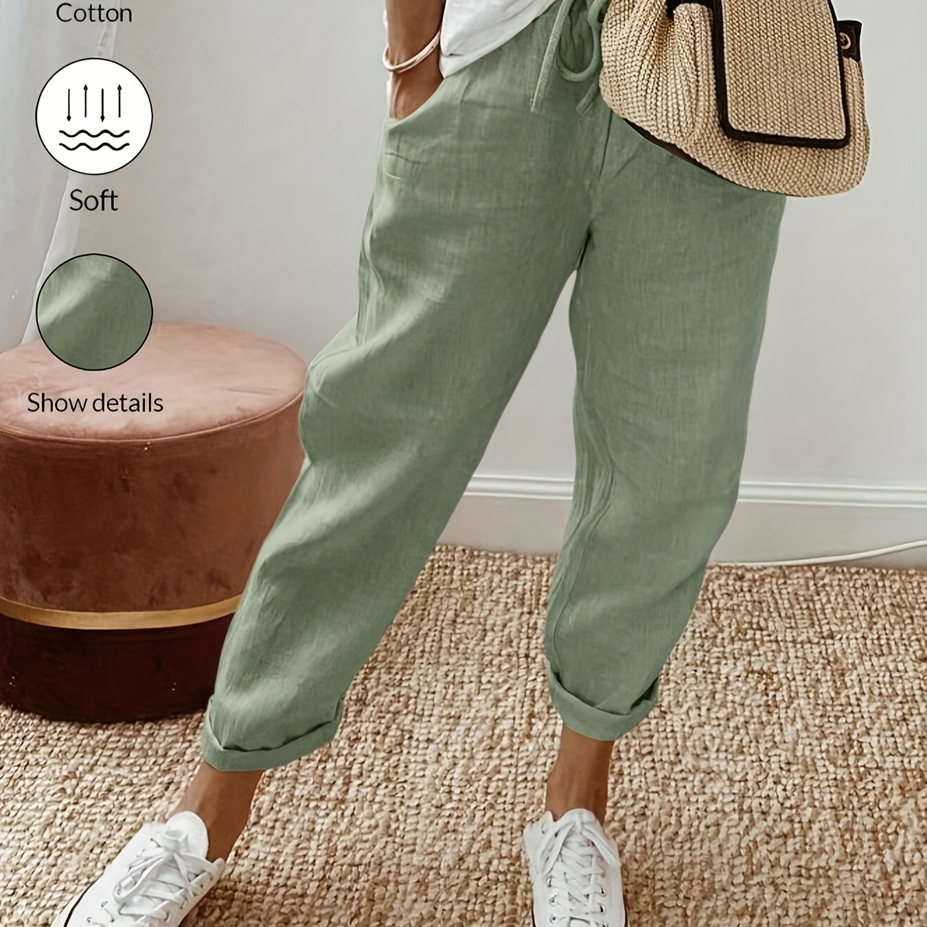 Women' Color Front-tie Trousers, Casual Daily Wear Pure Pants, Comfortable And Breathable Trousers