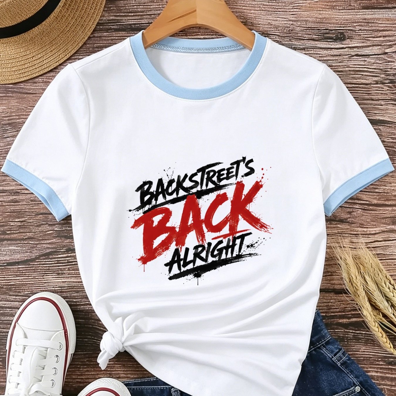 TEMU 1pc Women's Color-block Printed T-shirt, Backstreet "back" Print Design With Red Font, Crew Neck Casual Top, Comfortable And Breathable, Simple