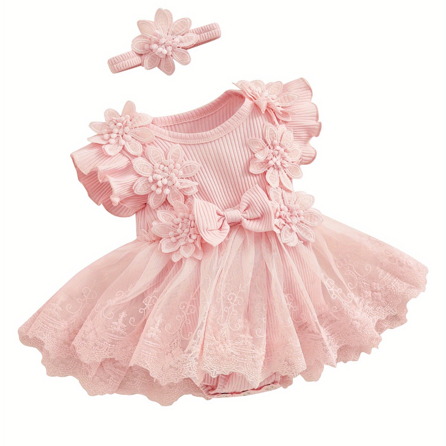 Image of Baby Girl 2pcs Outfits Mesh Lace Ruffle Romper Dress And Headband Cute Fashion Summer Clothes, Perfect For Outdoor