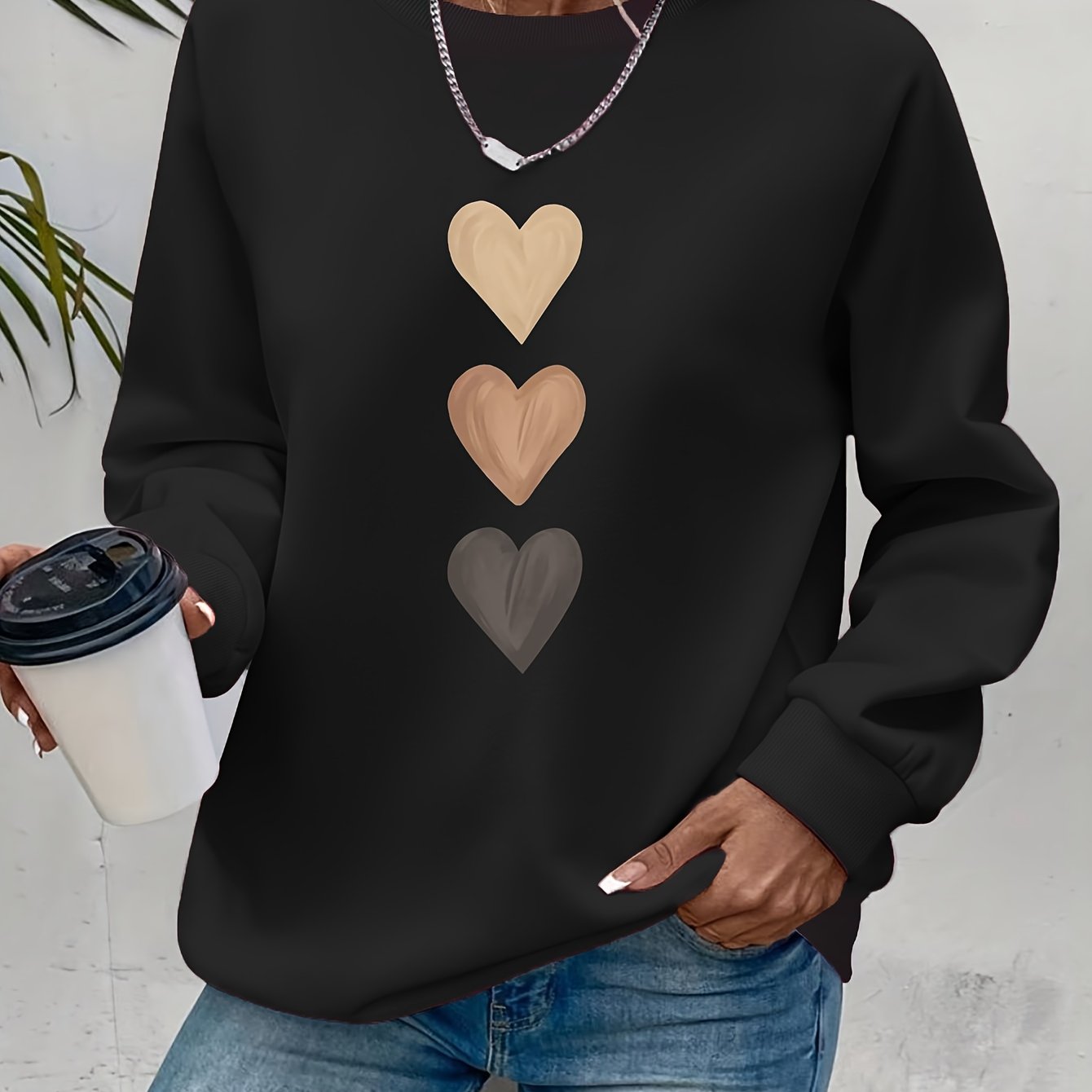 TEMU Women's Fashion Casual Heart Pattern Printed Round Neck Casual Sweatshirt Autumn Winter Fleece Off-shoulder Sweatshirt Long Sleeve